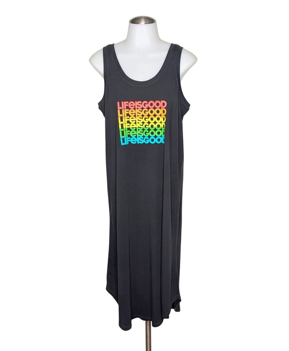 Life is Good Crusher-Lite Tank Dress Medium Retro Rainbow Graphic Charcoal Gray
